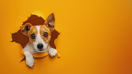 A playful puppy's hind paws and tail seen through a playful tear in the orange paper background, suggesting mischief and fun