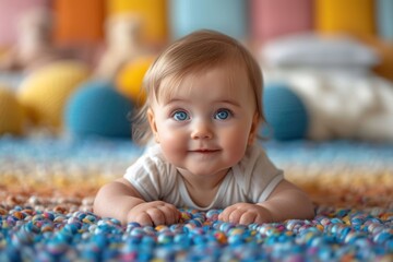 Adorable baby reaching developmental milestones, showcasing the joy of early childhood exploration