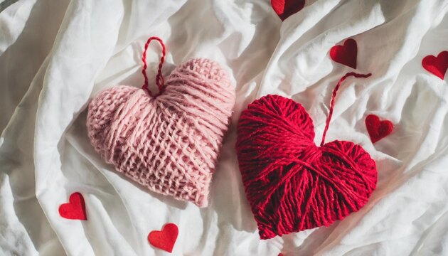 pink red handmade knitted valentine hearts on bed on white sheet minimal lifestyle cozy photo valentine s day romantic love wedding concept top view aesthetic still life creative pattern