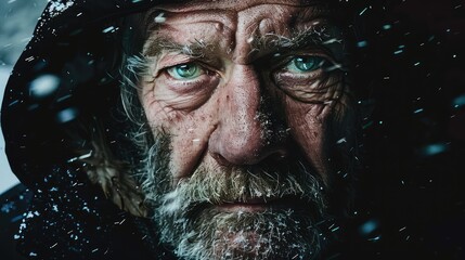 Old man with green eyes on a dark background in a snowstorm
