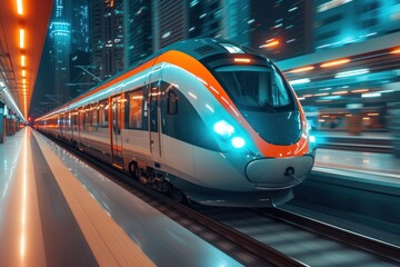 Naklejka premium Electric passenger train drives at high speed among urban landscape