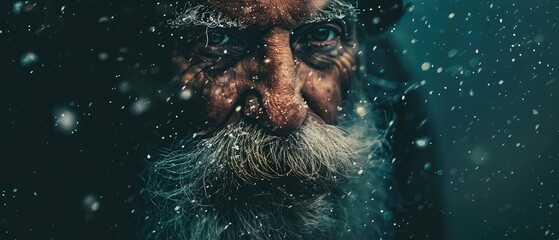 Old man with green eyes on a dark background in a snowstorm - obrazy, fototapety, plakaty