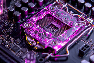Fototapeta na wymiar A processor with a purple and silver design and a magic system on it