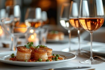 Elegant table setting with classic French cuisine, epitomizing the culinary traditions of gourmet dining in France