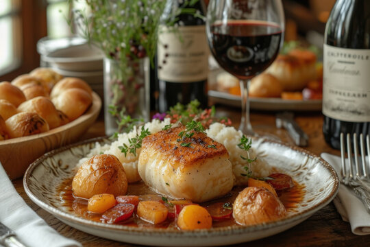 Elegant table setting with classic French cuisine, epitomizing the culinary traditions of gourmet dining in France