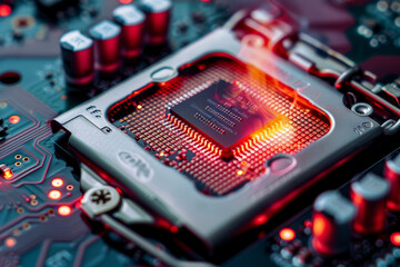 A processor with a red and silver design and a fire system on it --ar 3:2