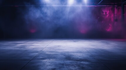 Empty Room or Street Background with Neon Light, Bokeh, Smoke, Fog, Asphalt, Concrete Floor