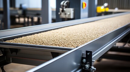 Industrial belt conveyor moving pellets