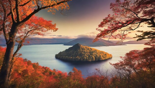 view of lake toya framed by autumn trees in the evening and volcanic island in the middle of the lake abuta hokkaido japan