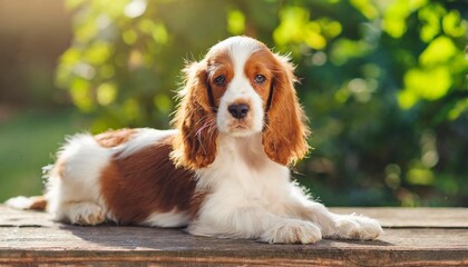 red and white puppy of spaniel relax on the porch in sunny day