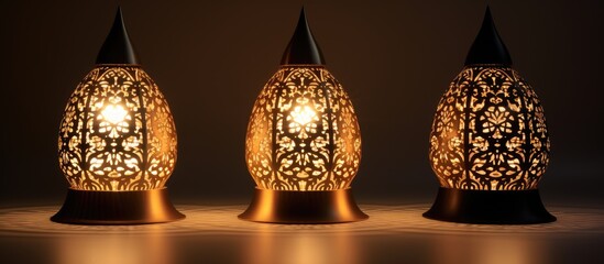 Three decorative lamps illuminated from within, casting a warm glow. The intricate designs of the lamps form patterns on the surrounding space.