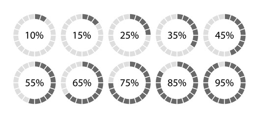 Circle structure graph with percent. Circular section template. Pie diagram divided into gray pieces. Round chart. Set schemes with sectors. Piechart with segments and slices. Vector illustration