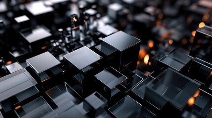 Dark background design, An abstract formation of dark cubes, highlighted subtly, exuding a mysterious, advanced atmosphere.