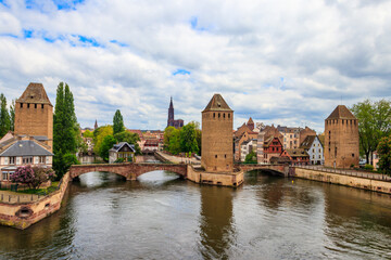 View on medieval bridge Ponts Couverts over the  River Ill in Strasbourg, Alsace, France