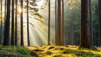 light of the rising sun enters the beautiful coniferous forest