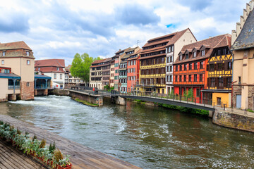 Traditional half-timbered houses on the canals district Petite France in Strasbourg, Alsace,...