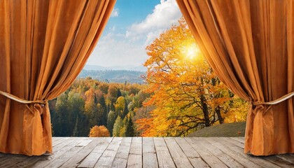 stage with orange curtains and autumn decor for showcase
