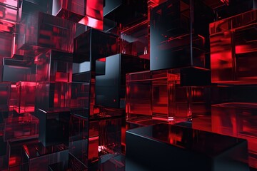 A captivating display of red and black cubes in various sizes and orientations creates a dynamic composition on a wall. A wall of red and black cubes in different sizes and shapes - obrazy, fototapety, plakaty