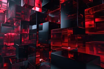 Tuinposter A captivating display of red and black cubes in various sizes and orientations creates a dynamic composition on a wall. A wall of red and black cubes in different sizes and shapes © Jiwa_Visual