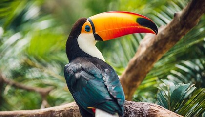 Fototapeta premium beautiful colorful background of toucan feathers backdrop of exotic tropical bird feathers