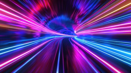 Abstract background neon flight in tunnel 3d illustration. generative AI image