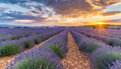 lavender field in blossom rows of lavender bushes stretching to the skyline stunning sunset sky at the background brihuega spain - obrazy, fototapety, plakaty