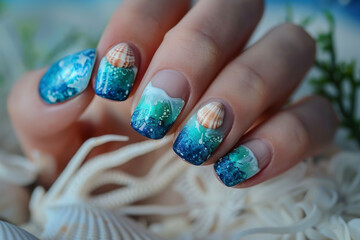A professional manicure with blue and green ocean nails and a shell on the thumb