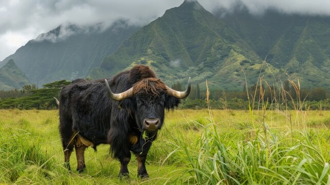Portrait of a black yak in a mountain forest . generative AI image