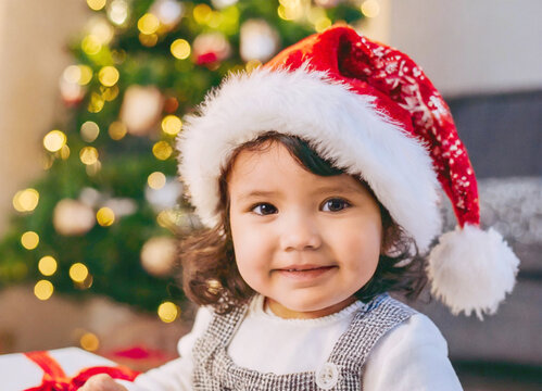 Small child in Santa hat with a Christmas background.