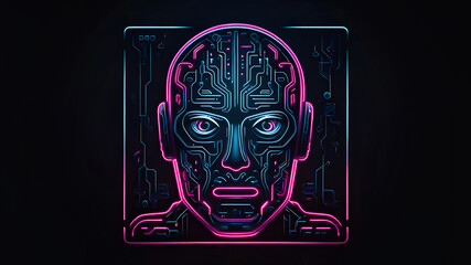 The human brain is the center of technological processing, neon minimalistic illustration. Brain-Computer Interface, Neural Interface