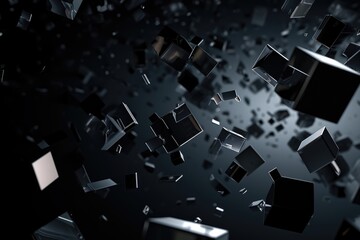 a cluster of black, 3D cubes floating in a dark, empty space. The cubes are various sizes and some are transparent. This abstract image is well-suited for websites and blogs about design, technology,  - obrazy, fototapety, plakaty