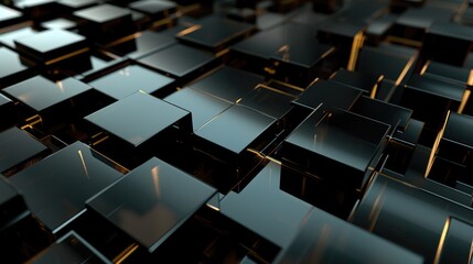 lack cubes glowing with golden light. The labyrinthine path creates a sense of mystery and intrigue. Ideal for websites and blogs about design, puzzles, or 3D art - obrazy, fototapety, plakaty