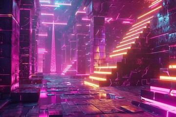 3D render of a cyberpunk cityscape with neon Mesopotamian ziggurats where elves smuggle quantum computing components through ancient alleyways