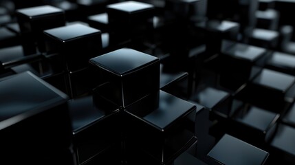 Black 3D cubes float in a dark void. Varied sizes & transparency create a modern, abstract design. Ideal for design, background, backdrop, website. - obrazy, fototapety, plakaty