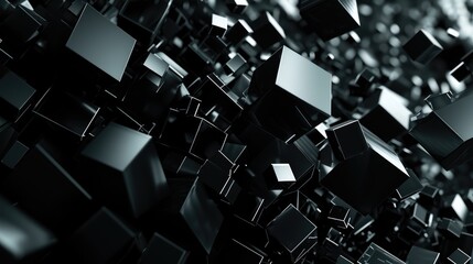 3D cubes floating in a dark, empty space. The cubes are various sizes and some are transparent. This abstract image is well-suited for websites and blogs about design, technology, or 3D art. - obrazy, fototapety, plakaty