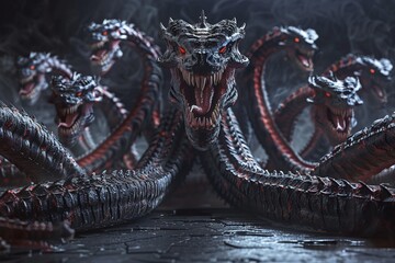 3D render of a hydra with each head representing a different aspect of cybersecurity threats facing off against a team of IT warriors