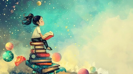 watercolor illustration, International Children's Book Day, a little dreaming girl reading a book sitting on a stack of books among the stars and planets, vintage style