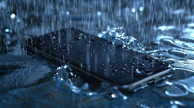 3D render of a generic cell phone caught in a rain shower the water droplets around it untouched by the powerful storm vortex displayed on its screen