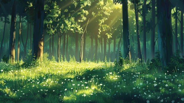 Portrait of a beautiful green forest view in summer. Spring background. generative AI image