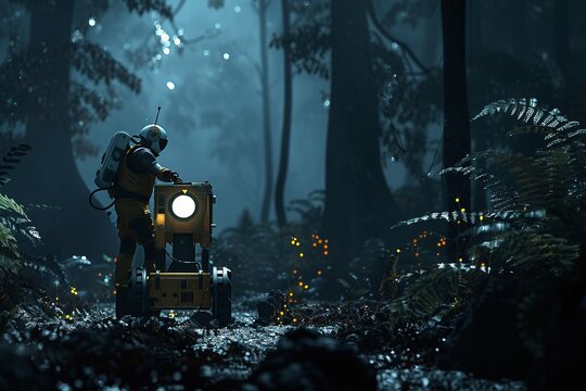 3D render of a lone scientist accompanied by a robotic assistant collecting samples in a dark foreboding forest