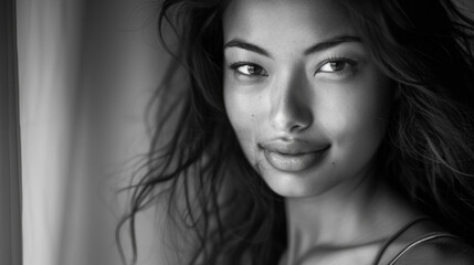 Black and white monochrome portrait of a ethnically mixed woman with a captivating smile.