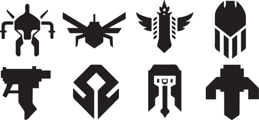 Set Greyscale cyberpunk video game symbol. Hand drawn vector illustration