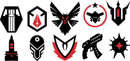 Set Greyscale cyberpunk video game symbol. Hand drawn vector illustration