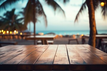 Wooden table top on blurry background of sea island and fresh blue sky, Wooden table top with blurry beach in the backdrop at dusk, Ai generated