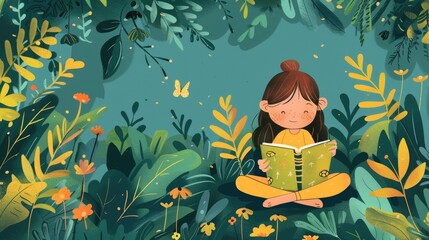 watercolor illustration, International Children's Book Day, a little girl reading a book on the grass among greenery, trees and flowers, vintage style