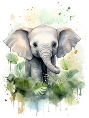 Bright watercolor painting of a cheerful baby elephant outdoors