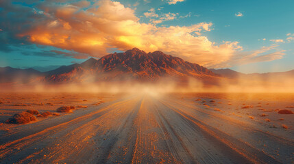 Safari and travel to Africa, extreme adventures or science expedition in a stone desert. Sahara desert at sunrise, mountain landscape with dust on skyline, hills and traces of the off-road car.