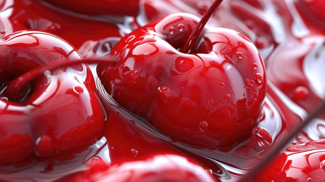 A close-up of a bunch of red cherries glistening with water droplets. The cherries vary in ripeness, with some appearing plumper and glossier than others. A single green leaf adds a touch of freshness