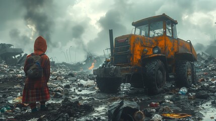 a little girl in a red dress is standing in a pile of trash next to a tractor