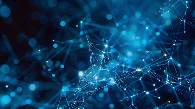 Digital representation of connected nodes in a network with a deep blue backdrop
